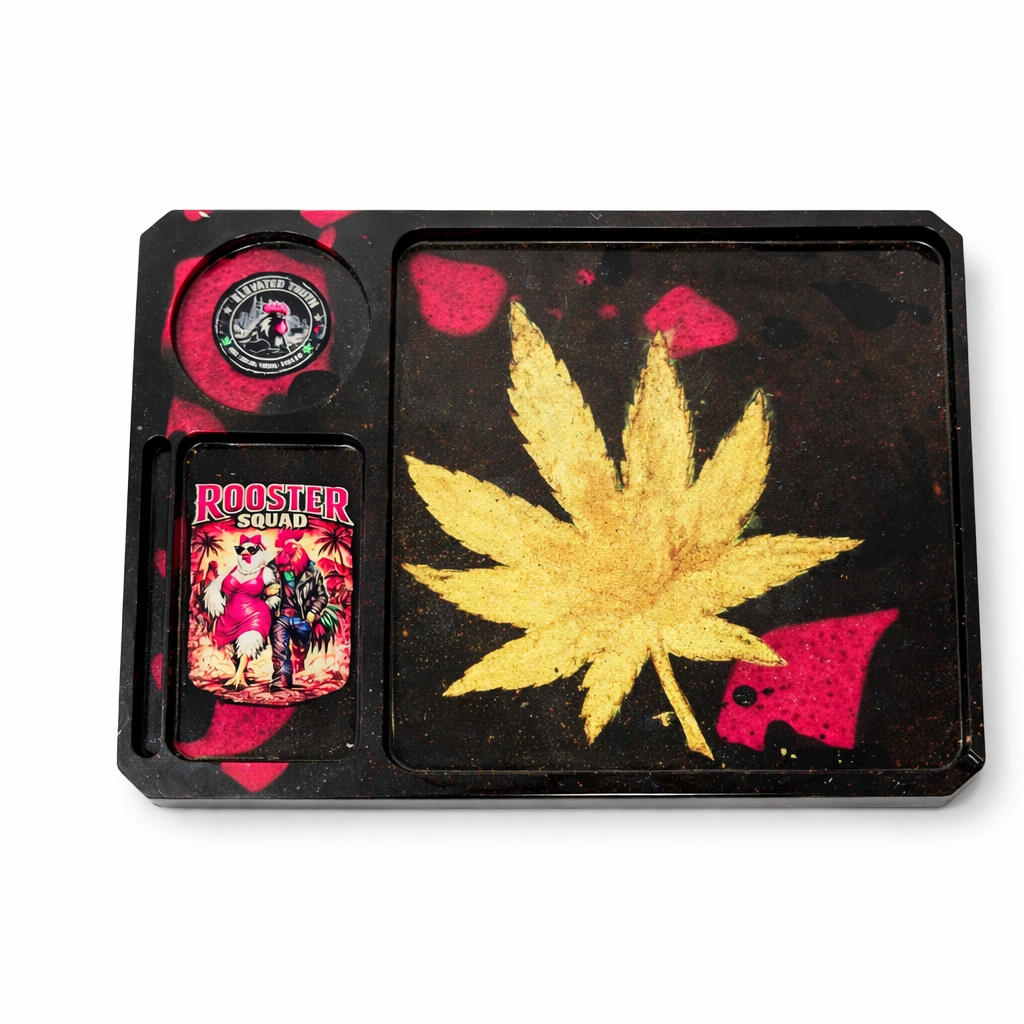 Rooster Squad Resin Rolling Tray – Handmade Gold Cannabis Leaf Tray with Red Resin Accents