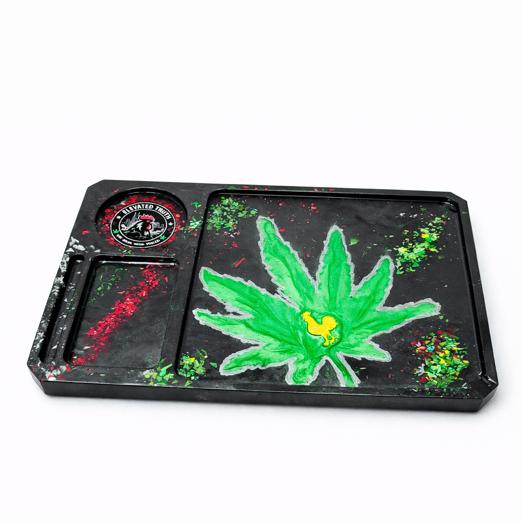 Elevated Truth Resin Rolling Tray – Handmade Cannabis Leaf Tray with Storage Compartments | Custom Smoke Station Tray