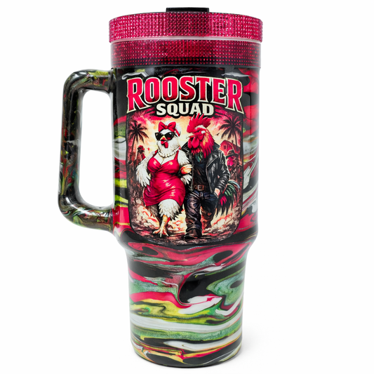 Big Hen Energy 40oz Stanley Style Tumbler – Rhinestone Lid & Cup | Handmade Rooster Tumbler | Funny Chicken Cup | Resin Swirl Travel Mug