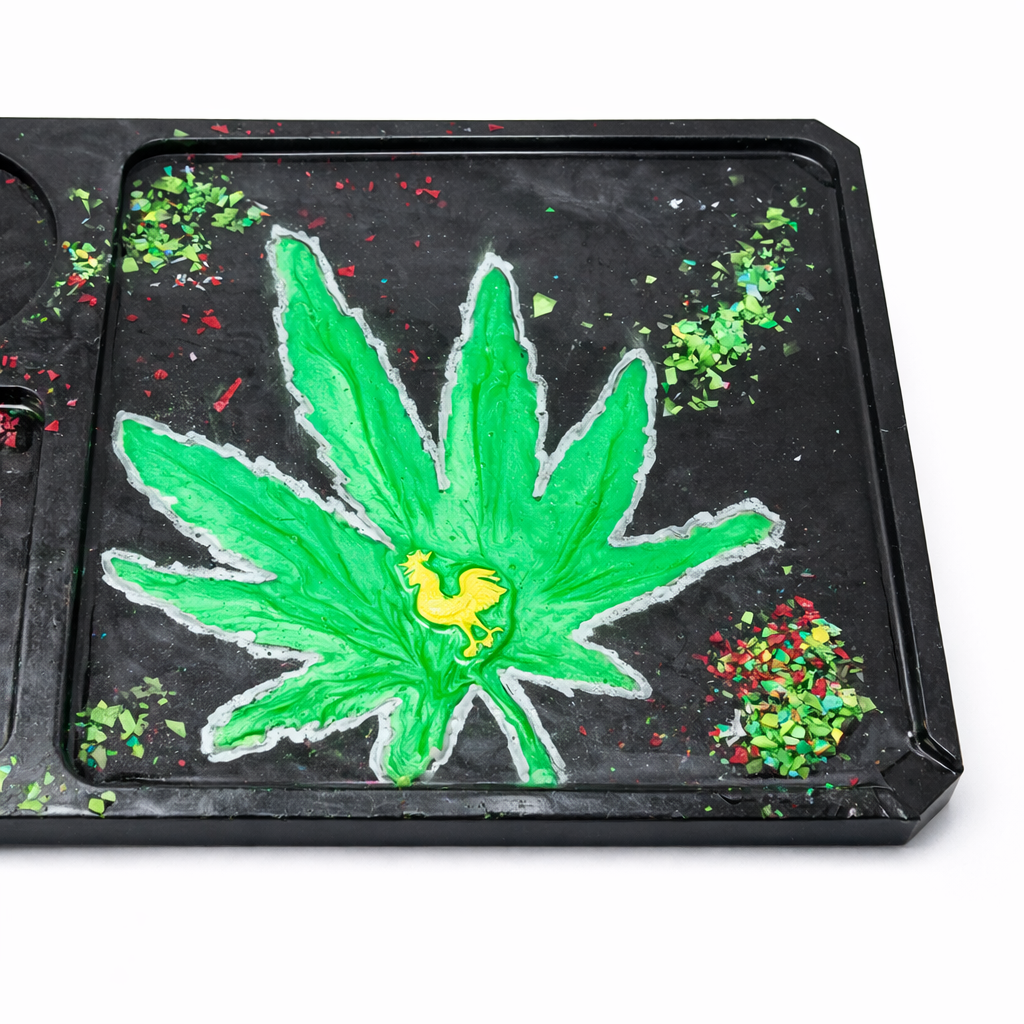 Elevated Truth Resin Rolling Tray – Handmade Cannabis Leaf Tray with Storage Compartments | Custom Smoke Station Tray