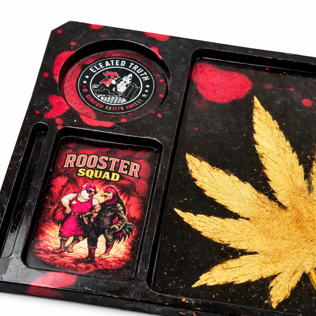 Rooster Squad Resin Rolling Tray – Handmade Gold Cannabis Leaf Tray with Red Resin Accents