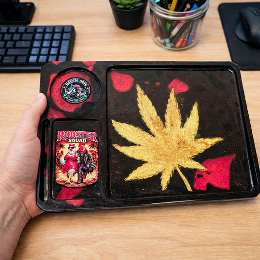 Rooster Squad Resin Rolling Tray – Handmade Gold Cannabis Leaf Tray with Red Resin Accents
