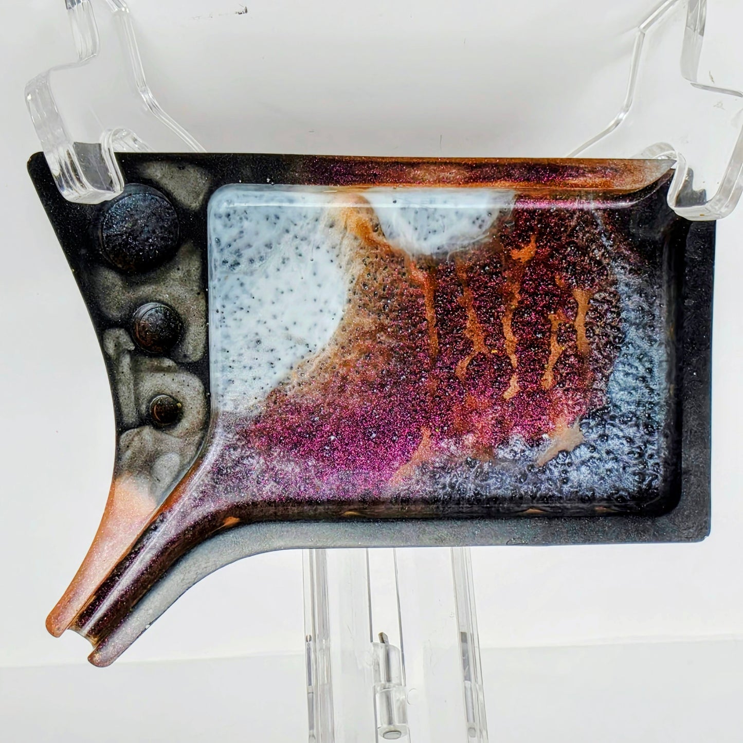Handmade Mini Resin Tray – Burgundy Black Peach Galaxy Pour | Hand Sized Unique Shape | Catch-All Trinket Tray | Savage Studio Creations