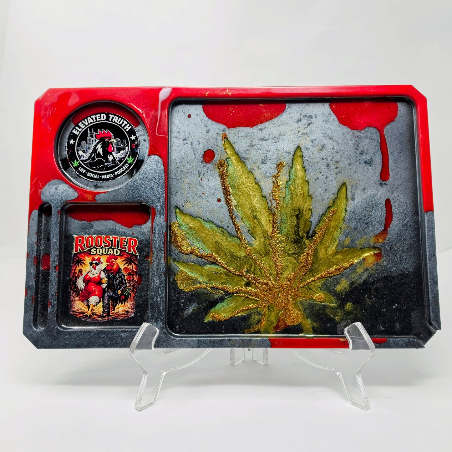 Handmade Resin Rolling Tray – Rooster Squad Official | Red Grey Black Gold Green Mica | Elevated Truth Collector Tray | Savage Studio Creations