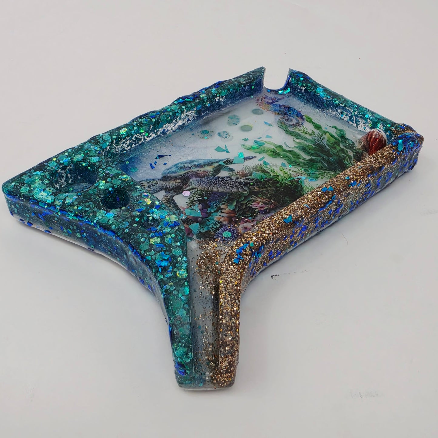 Handmade Ocean Resin Rolling Tray – Sea Turtle Coral Reef | Teal Blue Glitter Gold Sand | Hand Sized Unique Shape | Savage Studio Creations