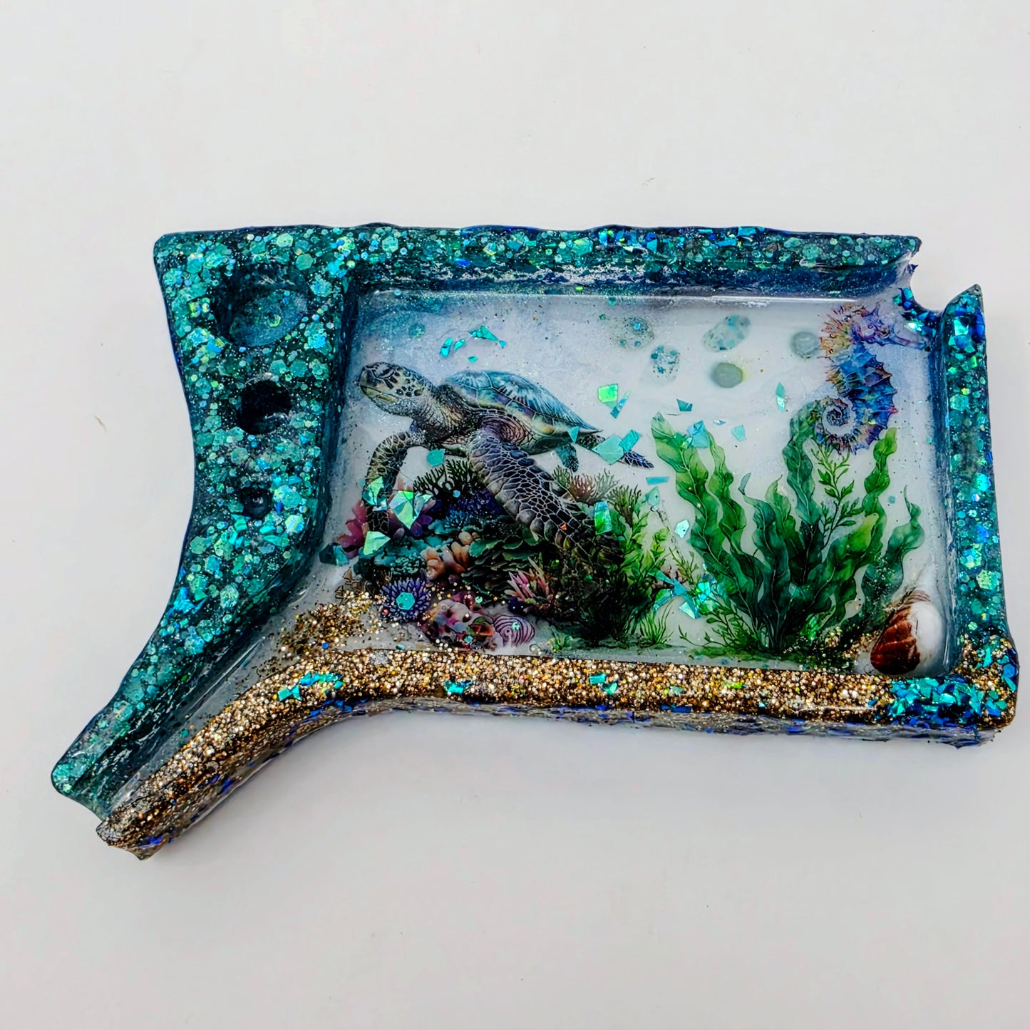 Handmade Ocean Resin Rolling Tray – Sea Turtle Coral Reef | Teal Blue Glitter Gold Sand | Hand Sized Unique Shape | Savage Studio Creations