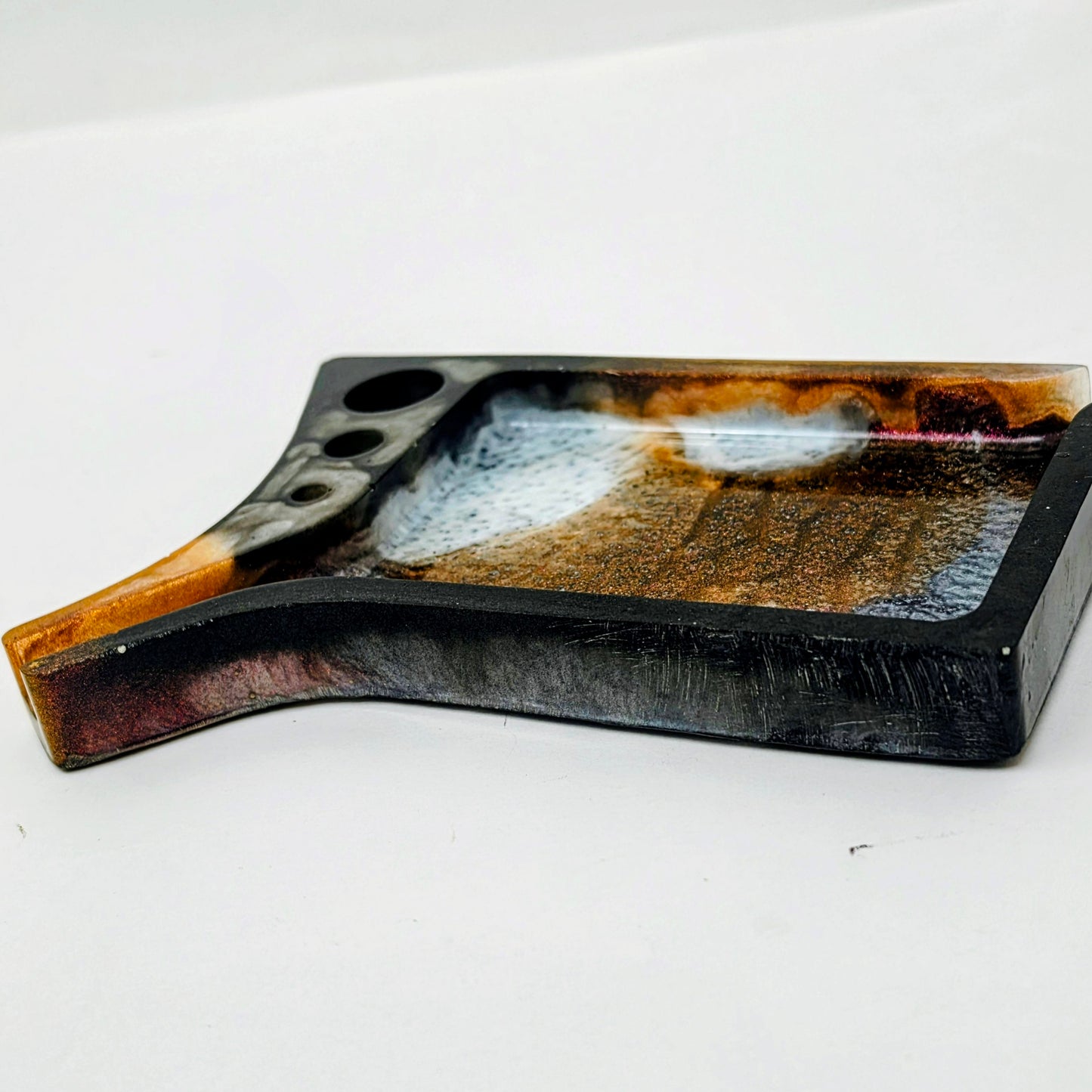 Handmade Mini Resin Tray – Burgundy Black Peach Galaxy Pour | Hand Sized Unique Shape | Catch-All Trinket Tray | Savage Studio Creations