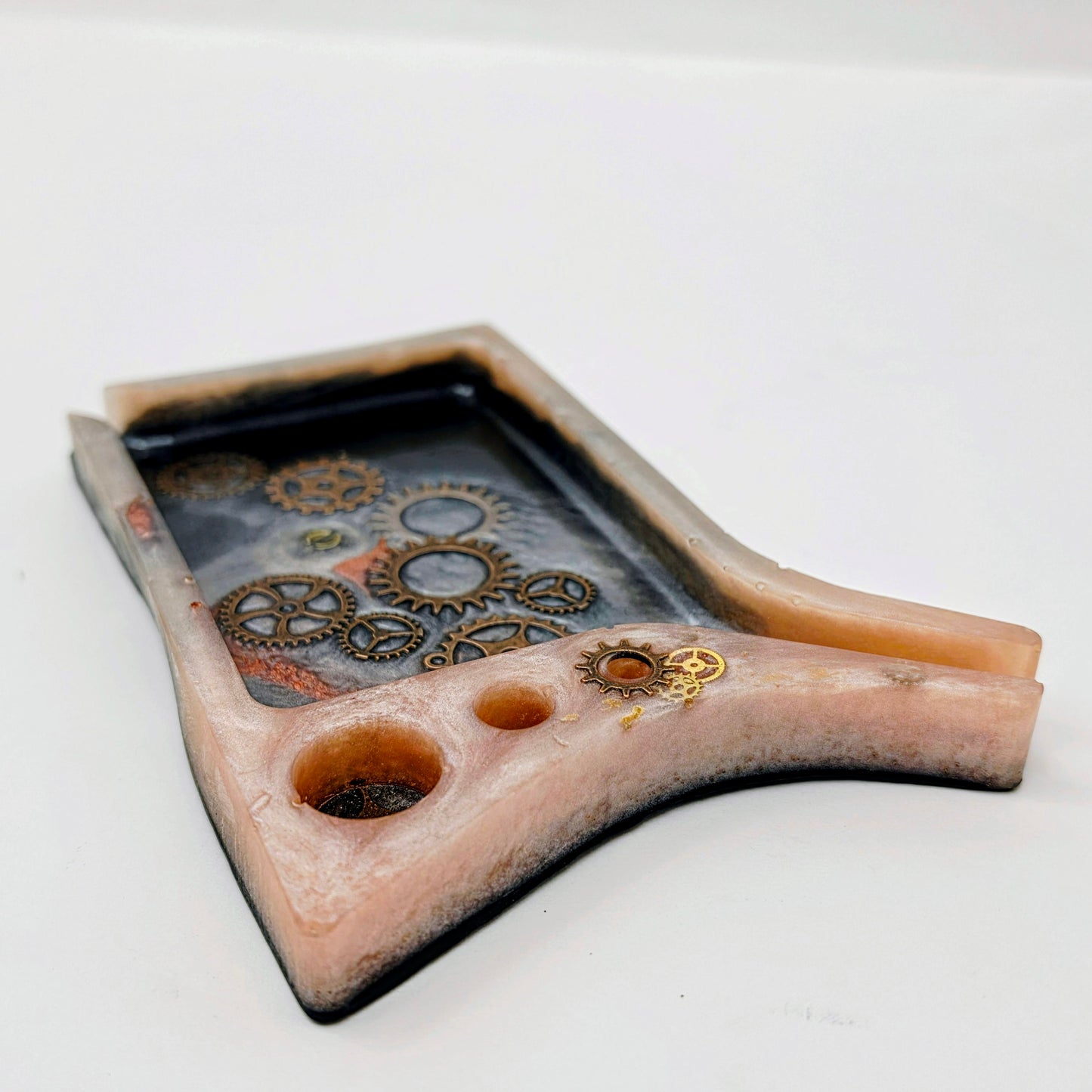 Handmade Steampunk Resin Rolling Tray – Copper Black Silver Gears | Hand Sized Unique Shape | Industrial Art Tray | Savage Studio Creations
