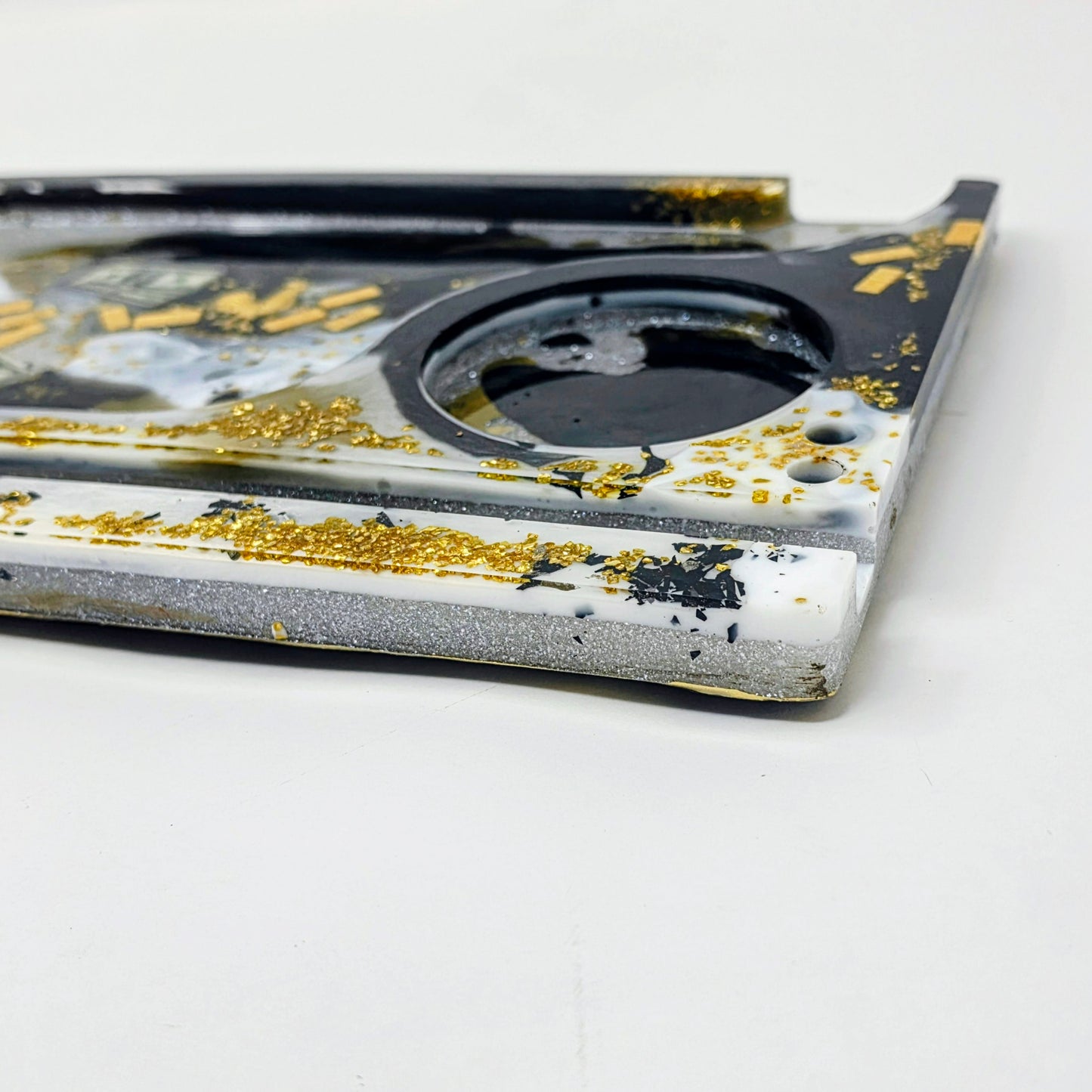 Handmade Resin Rolling Tray Set – Black White Gold Bar | $100 Bill & Gold Rooster | 3-Piece Set with Ashtray + Pipe Rest | Savage Studio Creations