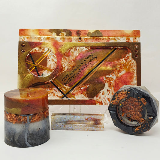 Handmade Resin Rolling Tray Set – Copper Grey White Floral | Give Without Remembering | 4-Piece with Jar Ashtray + Pipe Rest | Savage Studio Creations