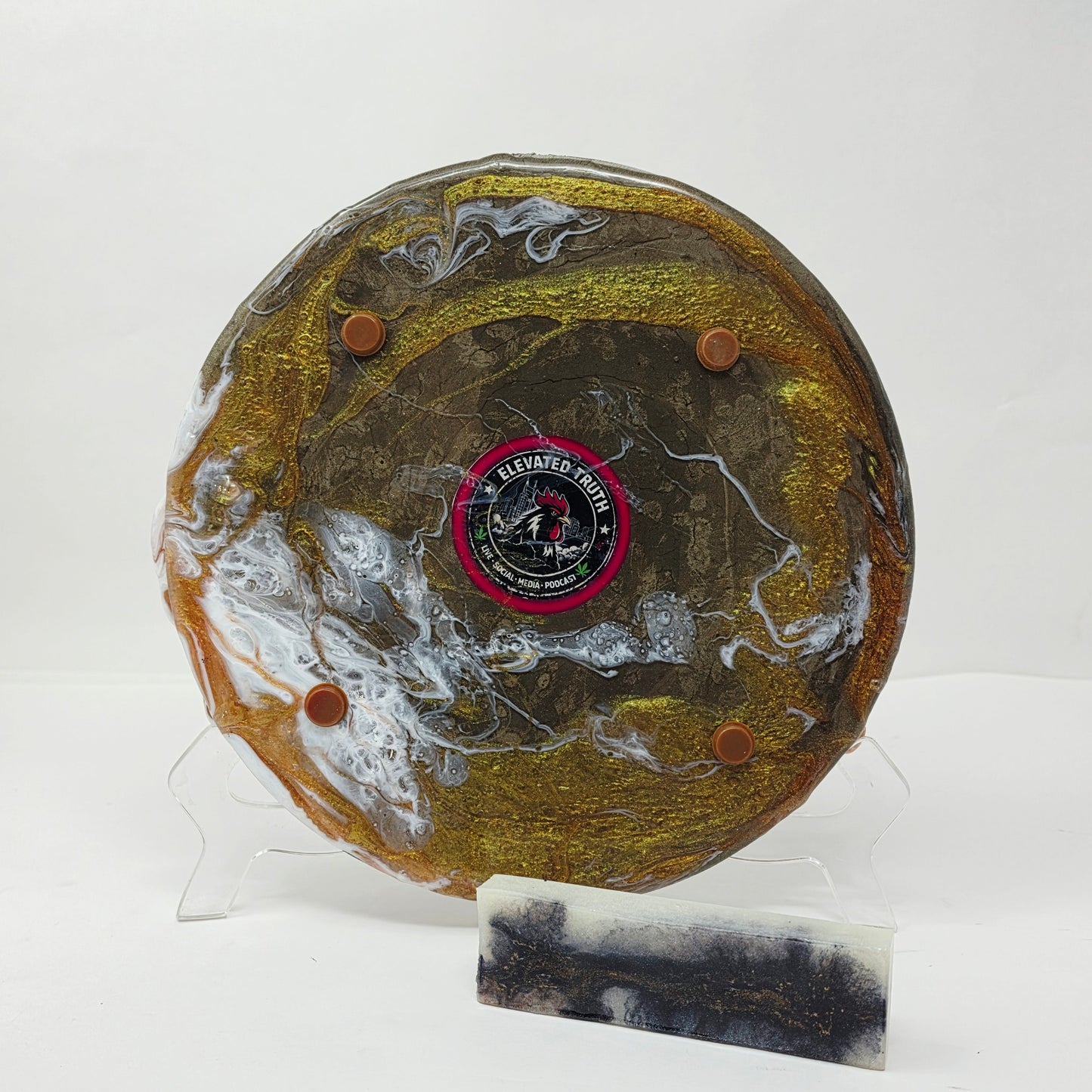Handmade Round Resin Rolling Tray Set – Gold White Stone Mica Glitter | Divided Sections | Unique Circle Tray + Pipe Rest | Savage Studio Creations