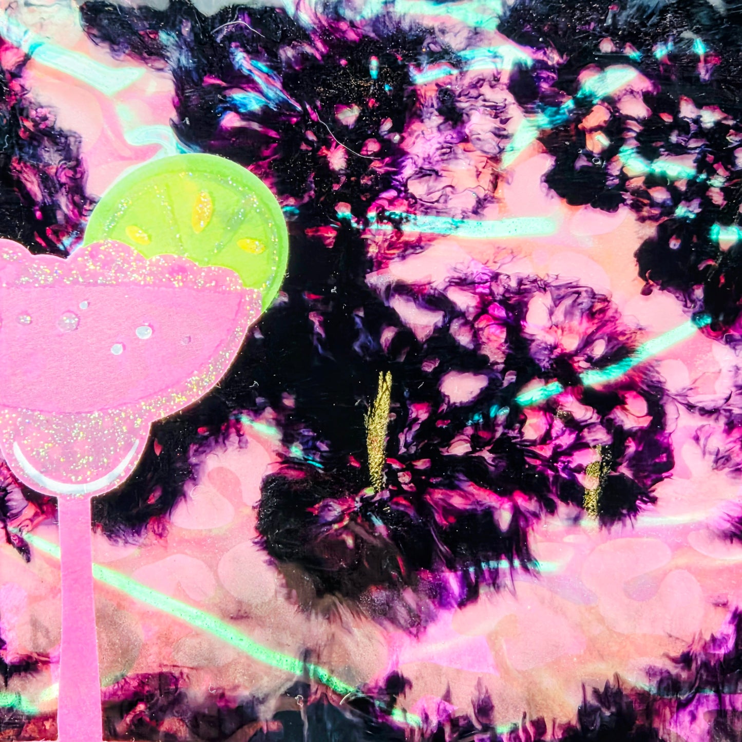 Handmade Resin Decorative Tray – On The Rocks Cocktail Party | Hot Pink Neon Green Yellow Leopard Print | Glitter Bar Tray | Savage Studio Creations