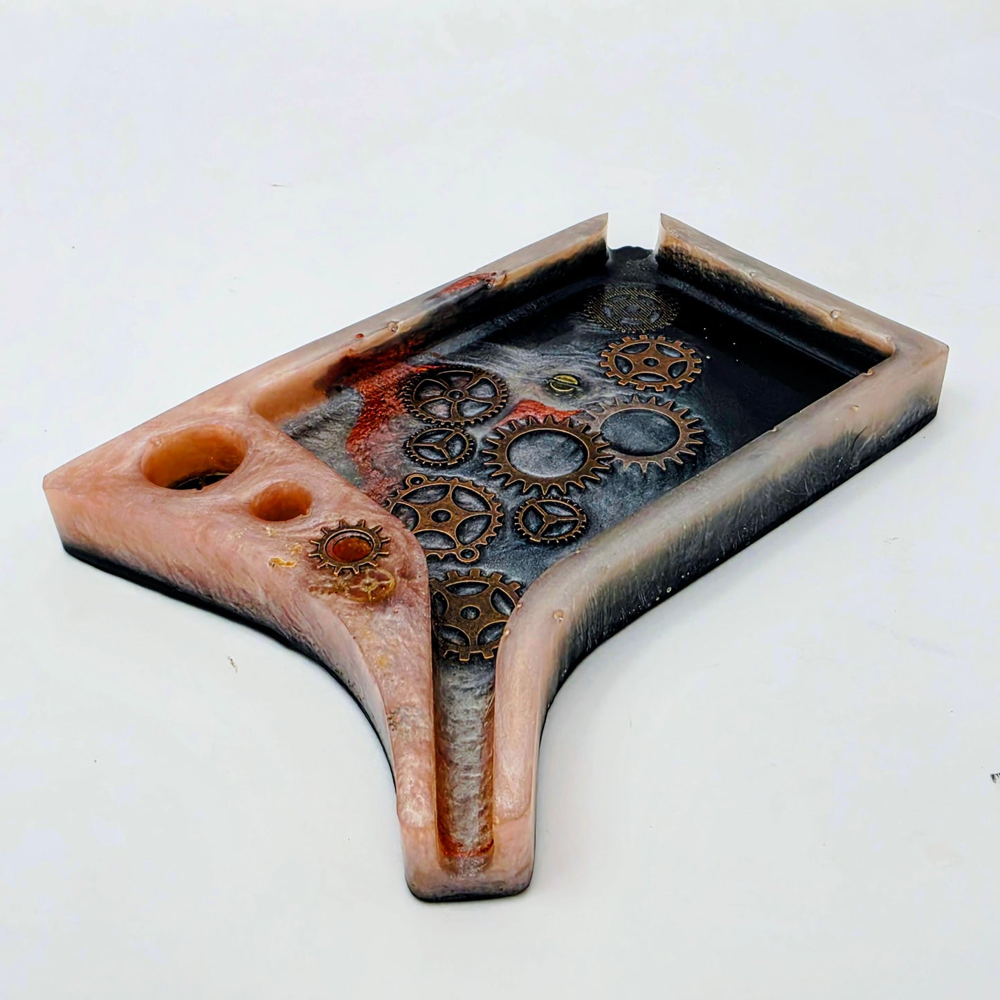 Handmade Steampunk Resin Rolling Tray – Copper Black Silver Gears | Hand Sized Unique Shape | Industrial Art Tray | Savage Studio Creations