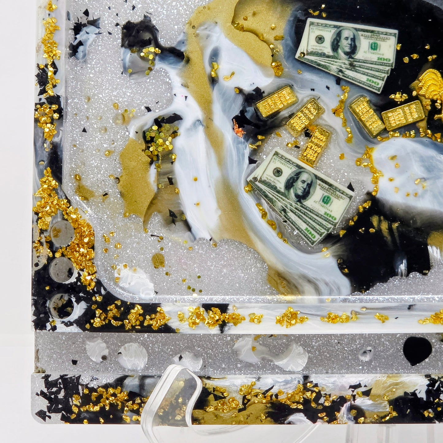 Handmade Resin Rolling Tray Set – Black White Gold Bar | $100 Bill & Gold Rooster | 3-Piece Set with Ashtray + Pipe Rest | Savage Studio Creations