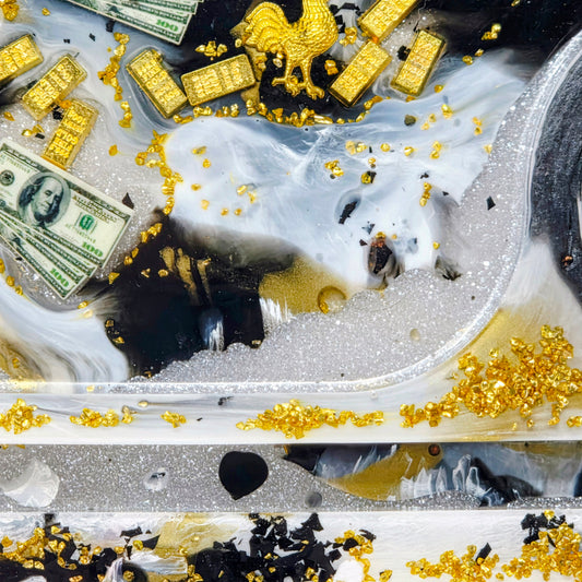 Handmade Resin Rolling Tray Set – Black White Gold Bar | $100 Bill & Gold Rooster | 3-Piece Set with Ashtray + Pipe Rest | Savage Studio Creations