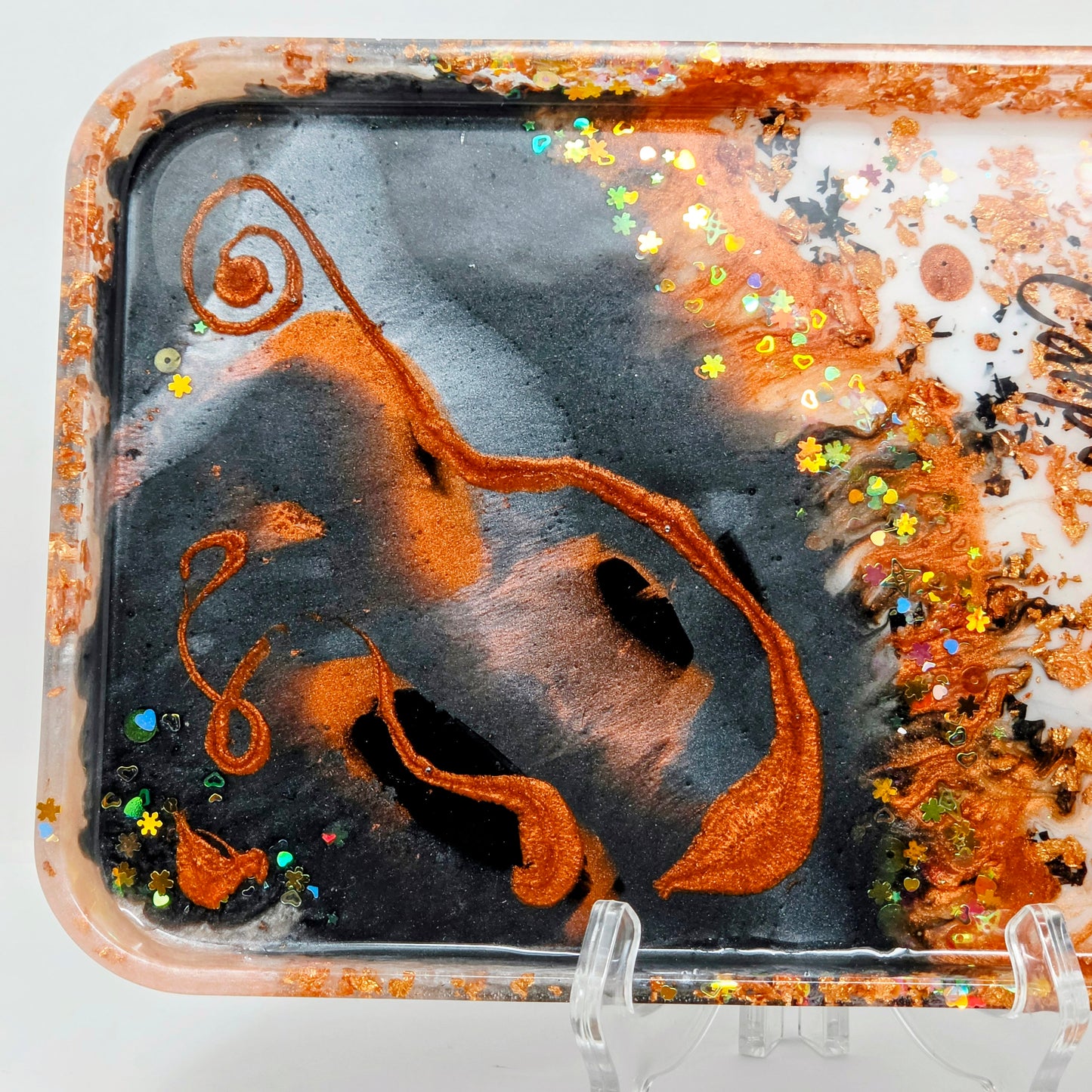 Handmade Resin Rolling Tray Set – Copper Black White Marble | Carpe Diem | 4-Piece Set with Ashtray, Jars + Pipe Rest | Savage Studio Creations