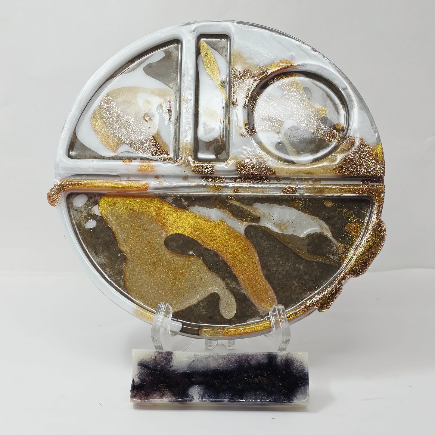 Handmade Round Resin Rolling Tray Set – Gold White Stone Mica Glitter | Divided Sections | Unique Circle Tray + Pipe Rest | Savage Studio Creations