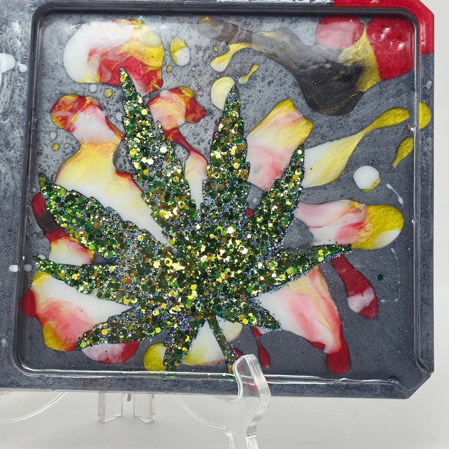 Handmade Resin Rolling Tray – Rooster Squad Vivid Eye | Green Glitter Cannabis Leaf | Red Yellow White Liquid Metal | Savage Studio Creations