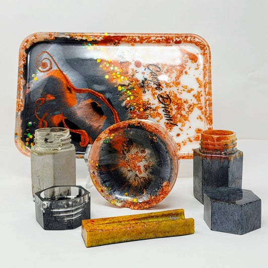 Handmade Resin Rolling Tray Set – Copper Black White Marble | Carpe Diem | 4-Piece Set with Ashtray, Jars + Pipe Rest | Savage Studio Creations