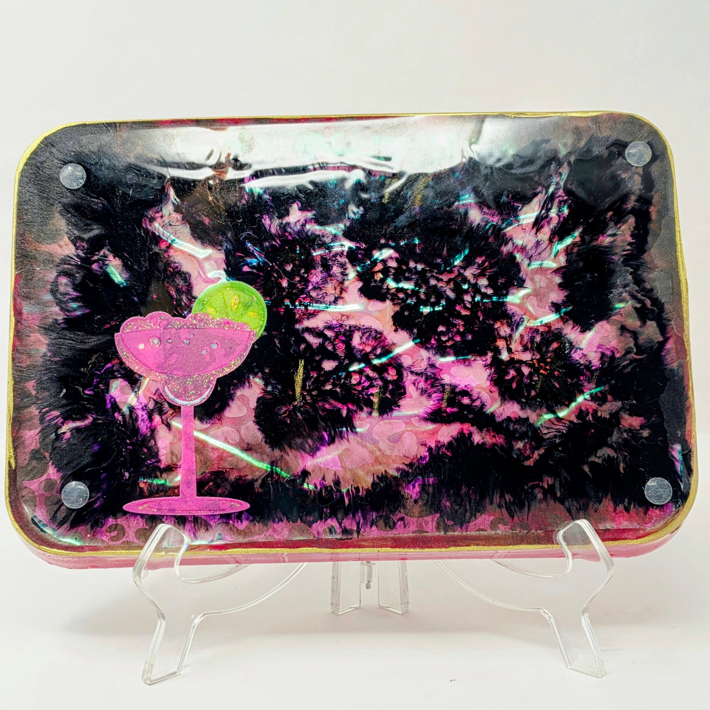 Handmade Resin Decorative Tray – On The Rocks Cocktail Party | Hot Pink Neon Green Yellow Leopard Print | Glitter Bar Tray | Savage Studio Creations