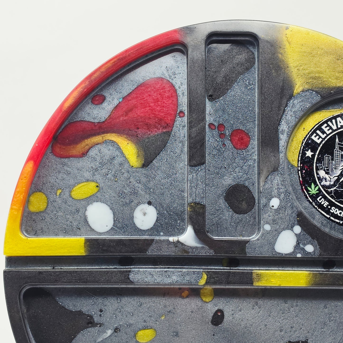 Handmade Round Resin Rolling Tray – Rooster Squad Official | Red Yellow Black Grey Liquid Metal | Elevated Truth Collector Tray | Savage Studio Creations