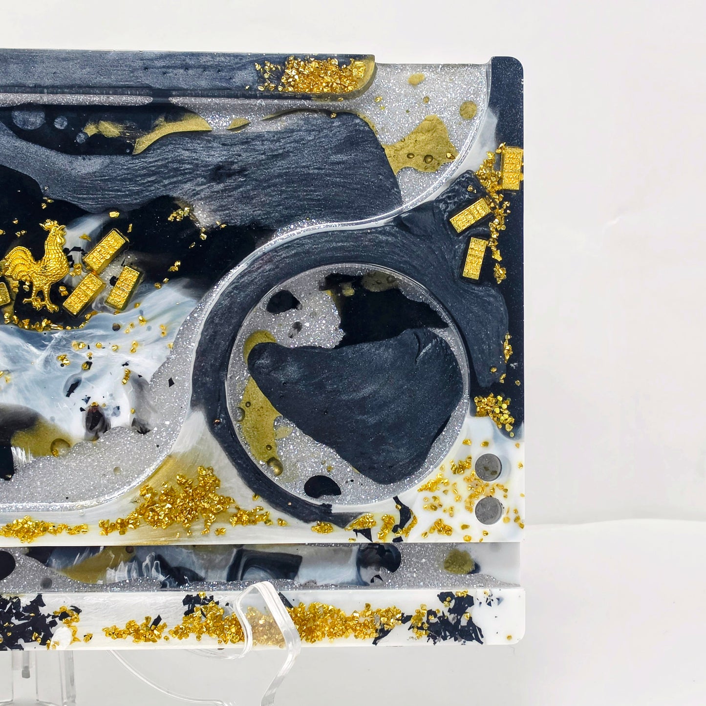 Handmade Resin Rolling Tray Set – Black White Gold Bar | $100 Bill & Gold Rooster | 3-Piece Set with Ashtray + Pipe Rest | Savage Studio Creations