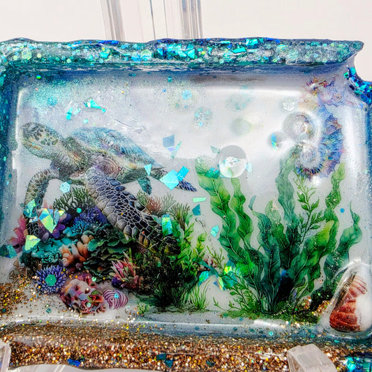 Handmade Ocean Resin Rolling Tray – Sea Turtle Coral Reef | Teal Blue Glitter Gold Sand | Hand Sized Unique Shape | Savage Studio Creations