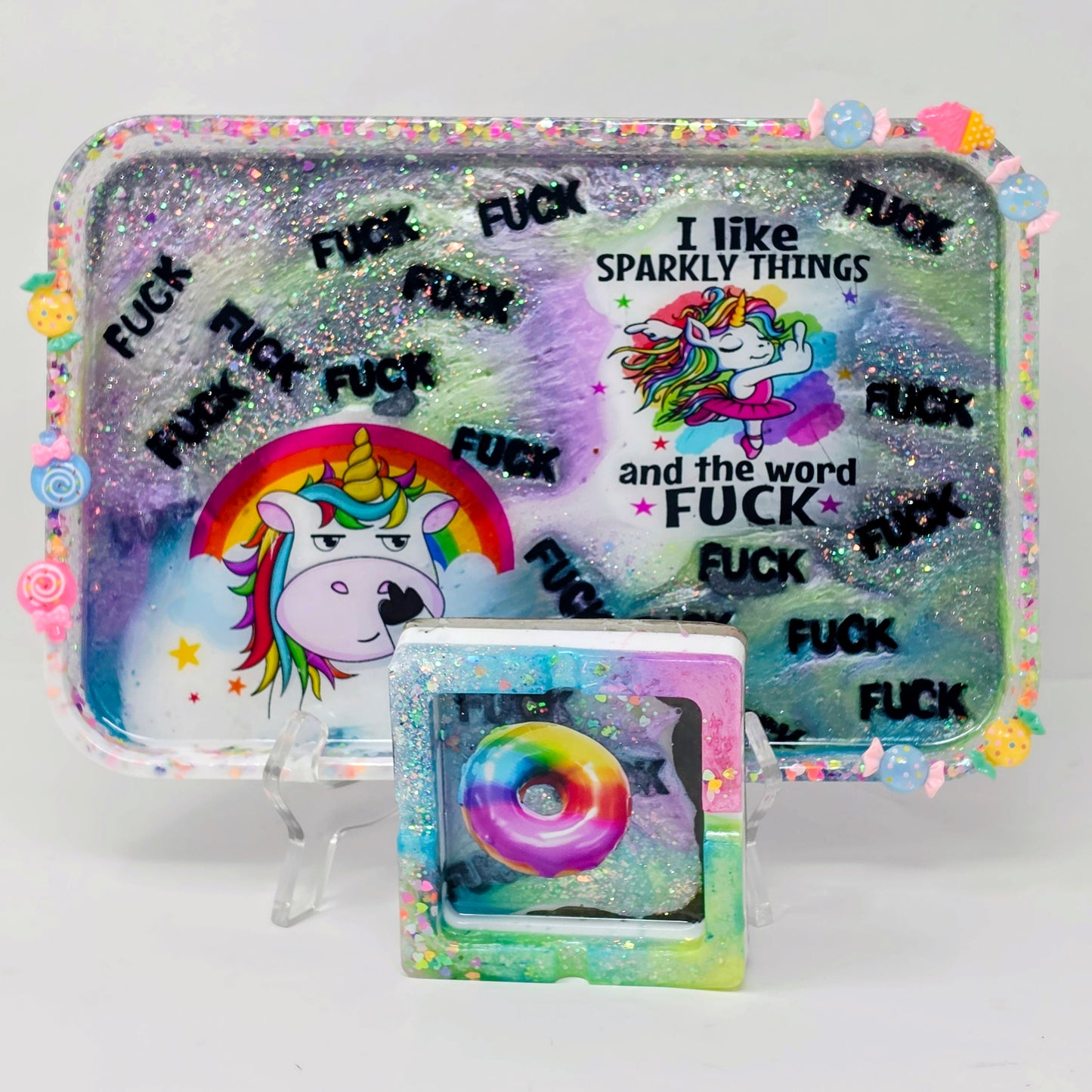 Handmade Resin Rolling Tray Set – Snarky Unicorn | I Like Sparkly Things & the Word F*ck | Neon Galaxy Tray + Ashtray | Savage Studio Creations