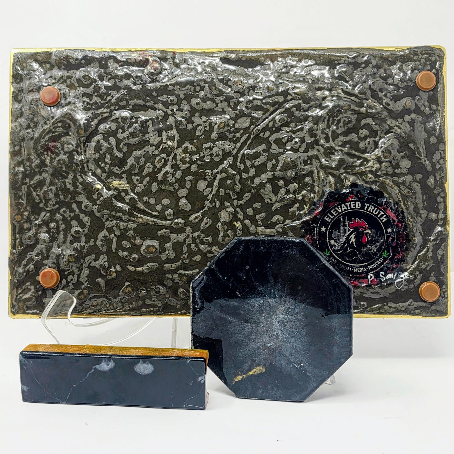 Handmade Resin Rolling Tray Set – Black White Gold Bar | $100 Bill & Gold Rooster | 3-Piece Set with Ashtray + Pipe Rest | Savage Studio Creations