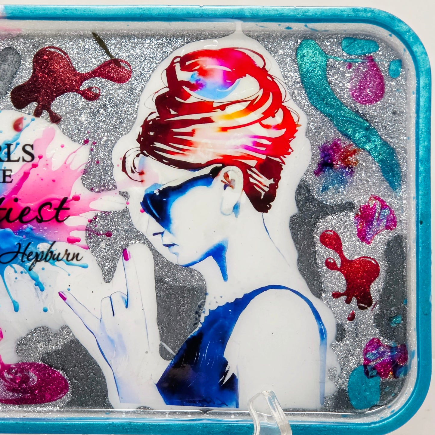 Handmade Resin Rolling Tray Set – Audrey Hepburn Happy Girls Are The Prettiest | Teal Pink Blue Splash | 3-Piece with Ashtray + Pipe Rest | Savage Studio Creations