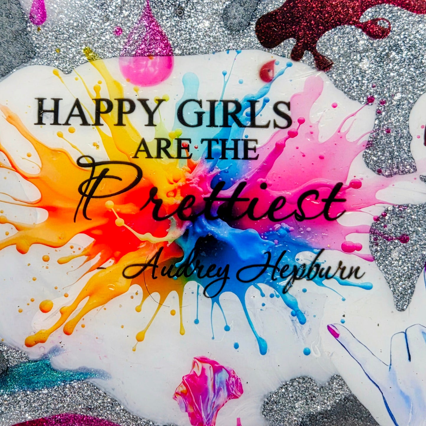 Handmade Resin Rolling Tray Set – Audrey Hepburn Happy Girls Are The Prettiest | Teal Pink Blue Splash | 3-Piece with Ashtray + Pipe Rest | Savage Studio Creations