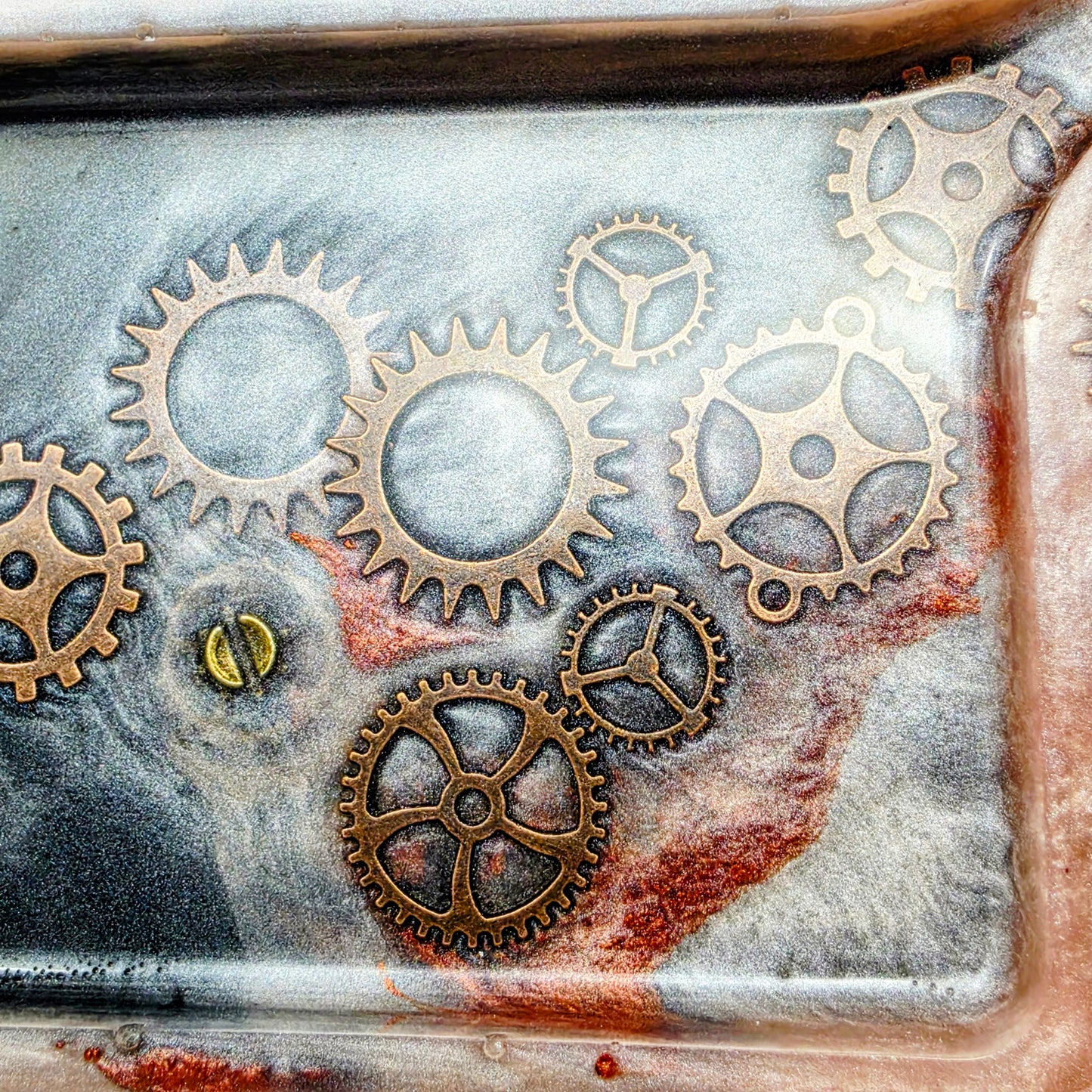 Handmade Steampunk Resin Rolling Tray – Copper Black Silver Gears | Hand Sized Unique Shape | Industrial Art Tray | Savage Studio Creations