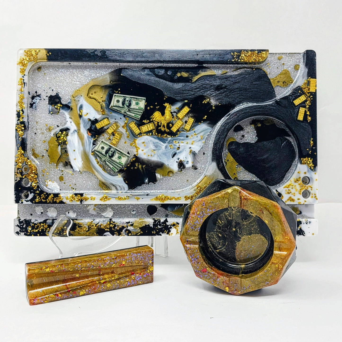 Handmade Resin Rolling Tray Set – Black White Gold Bar | $100 Bill & Gold Rooster | 3-Piece Set with Ashtray + Pipe Rest | Savage Studio Creations