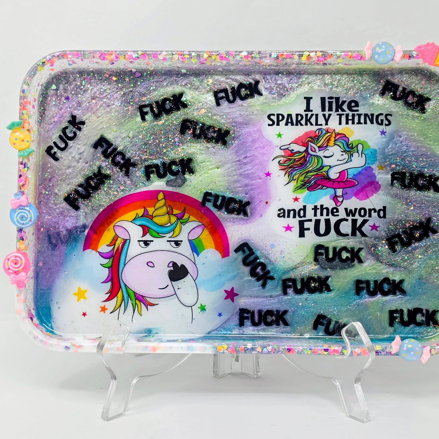 Handmade Resin Rolling Tray Set – Snarky Unicorn | I Like Sparkly Things & the Word F*ck | Neon Galaxy Tray + Ashtray | Savage Studio Creations