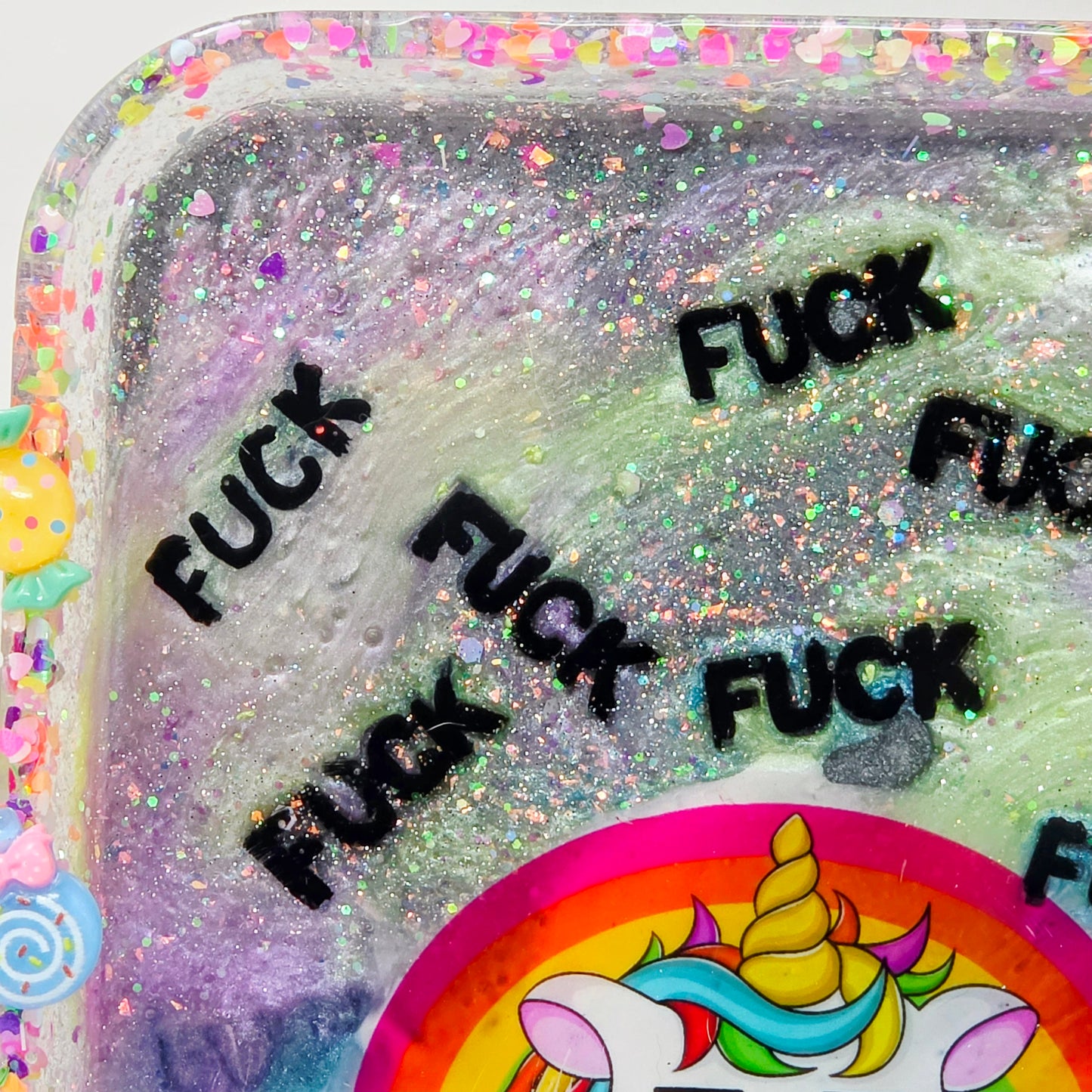 Handmade Resin Rolling Tray Set – Snarky Unicorn | I Like Sparkly Things & the Word F*ck | Neon Galaxy Tray + Ashtray | Savage Studio Creations
