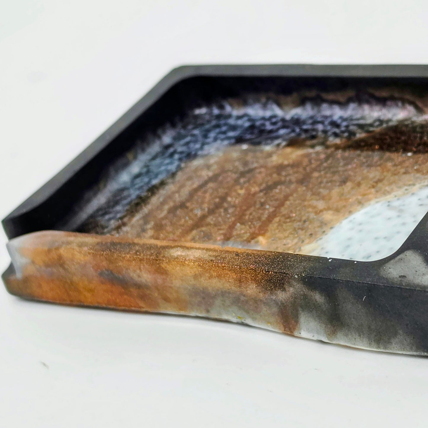 Handmade Mini Resin Tray – Burgundy Black Peach Galaxy Pour | Hand Sized Unique Shape | Catch-All Trinket Tray | Savage Studio Creations