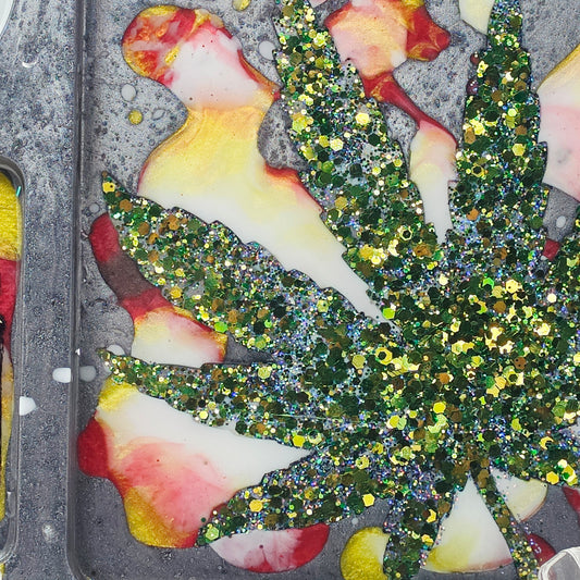 Handmade Resin Rolling Tray – Rooster Squad Vivid Eye | Green Glitter Cannabis Leaf | Red Yellow White Liquid Metal | Savage Studio Creations