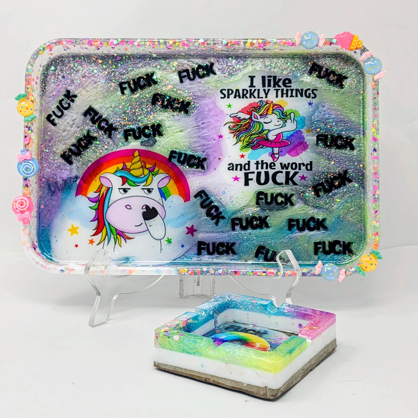 Handmade Resin Rolling Tray Set – Snarky Unicorn | I Like Sparkly Things & the Word F*ck | Neon Galaxy Tray + Ashtray | Savage Studio Creations