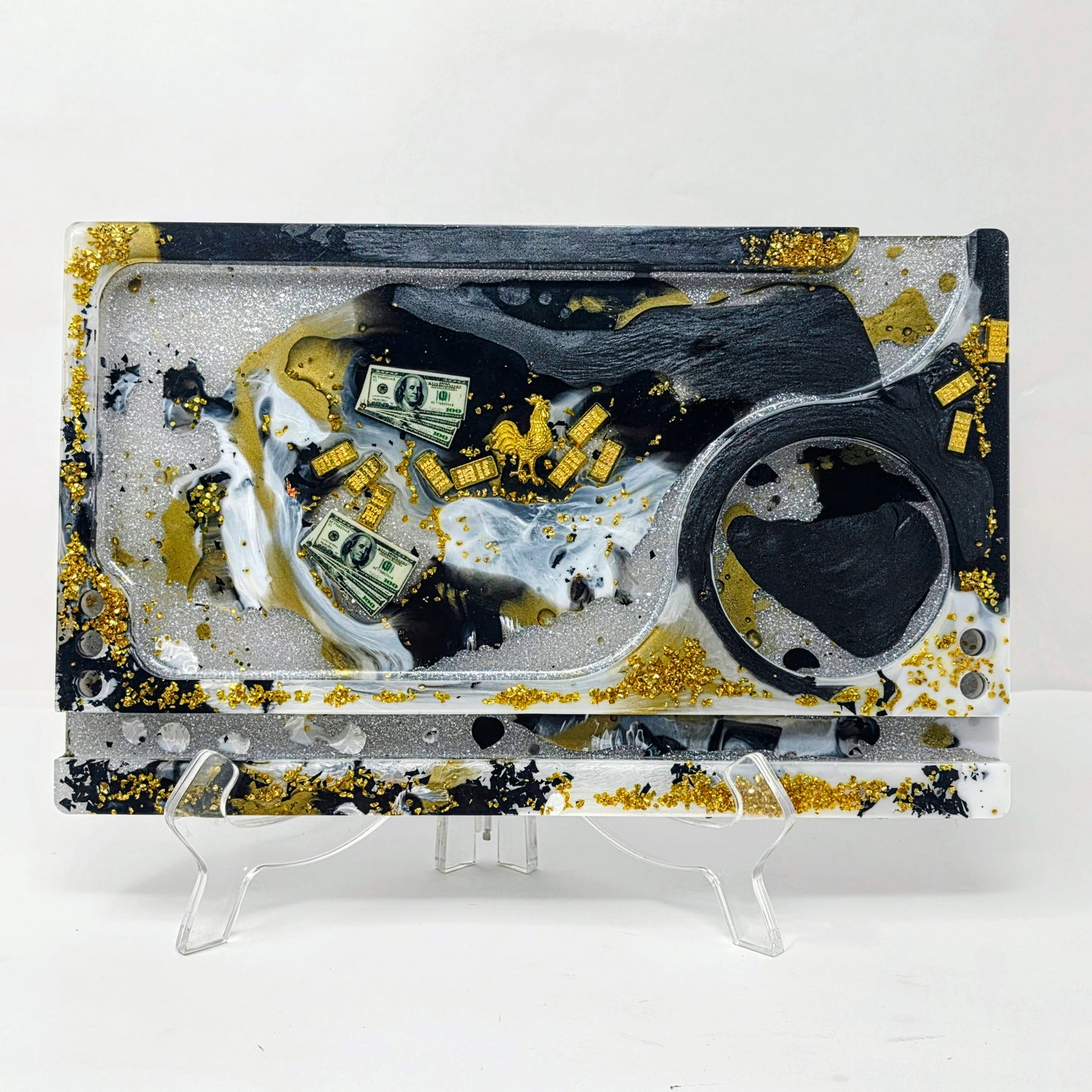 Handmade Resin Rolling Tray Set – Black White Gold Bar | $100 Bill & Gold Rooster | 3-Piece Set with Ashtray + Pipe Rest | Savage Studio Creations