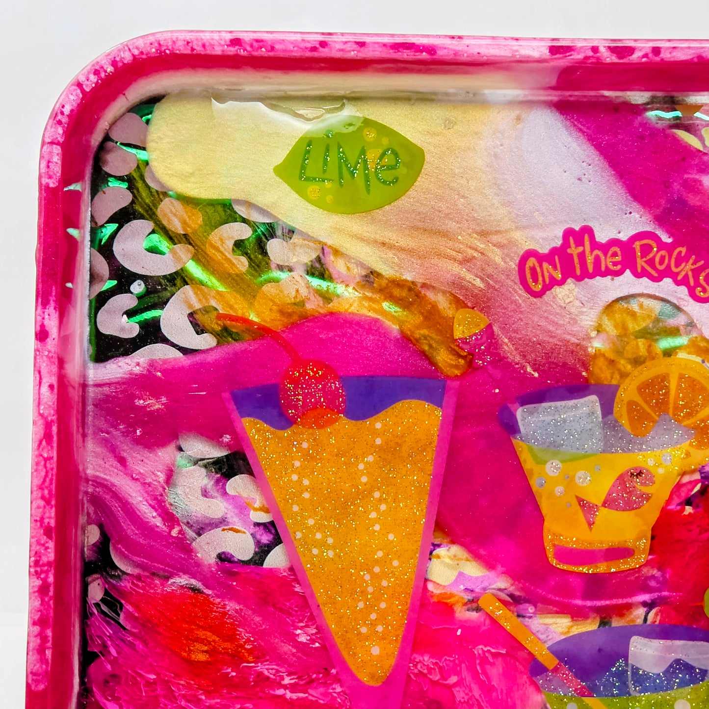 Handmade Resin Decorative Tray – On The Rocks Cocktail Party | Hot Pink Neon Green Yellow Leopard Print | Glitter Bar Tray | Savage Studio Creations