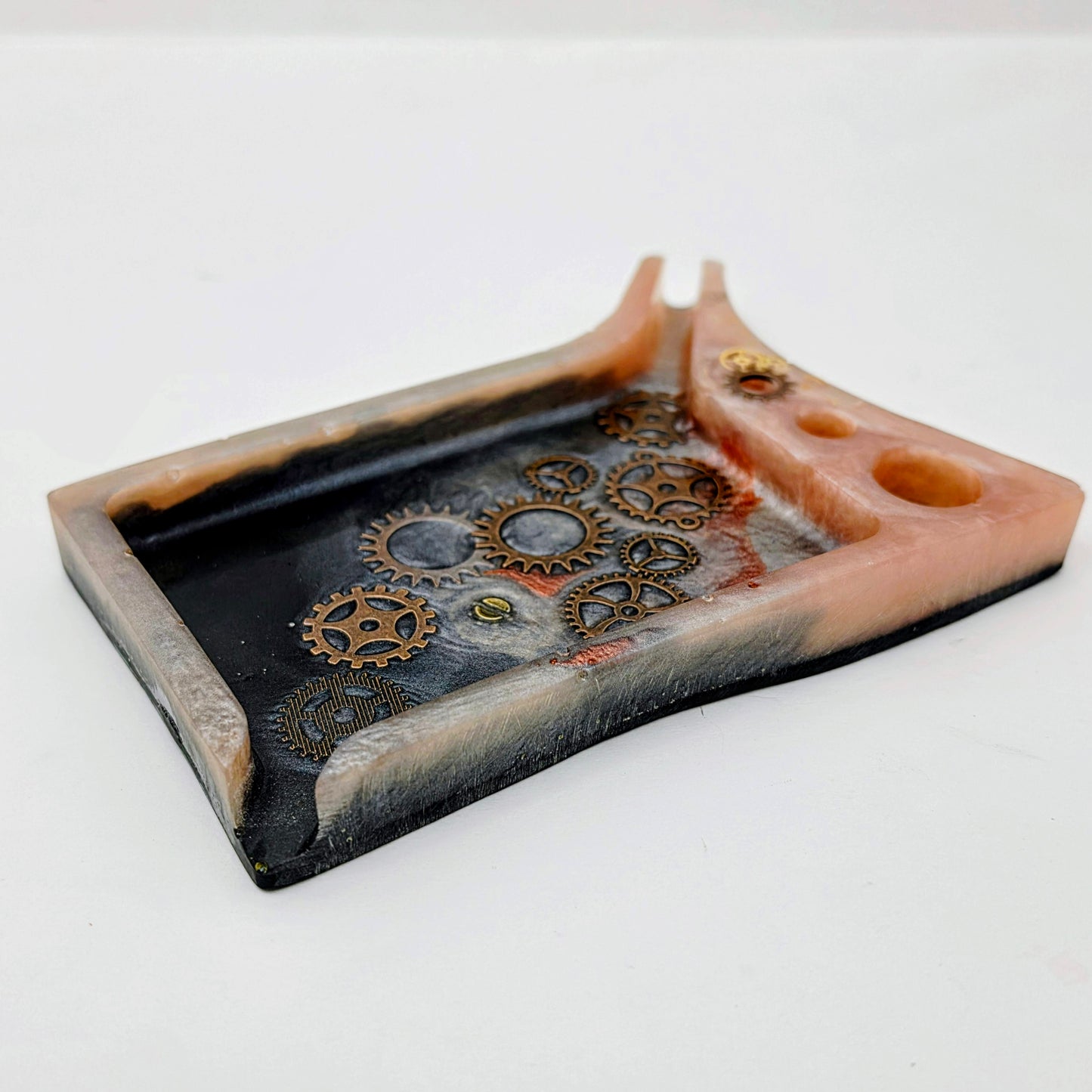 Handmade Steampunk Resin Rolling Tray – Copper Black Silver Gears | Hand Sized Unique Shape | Industrial Art Tray | Savage Studio Creations