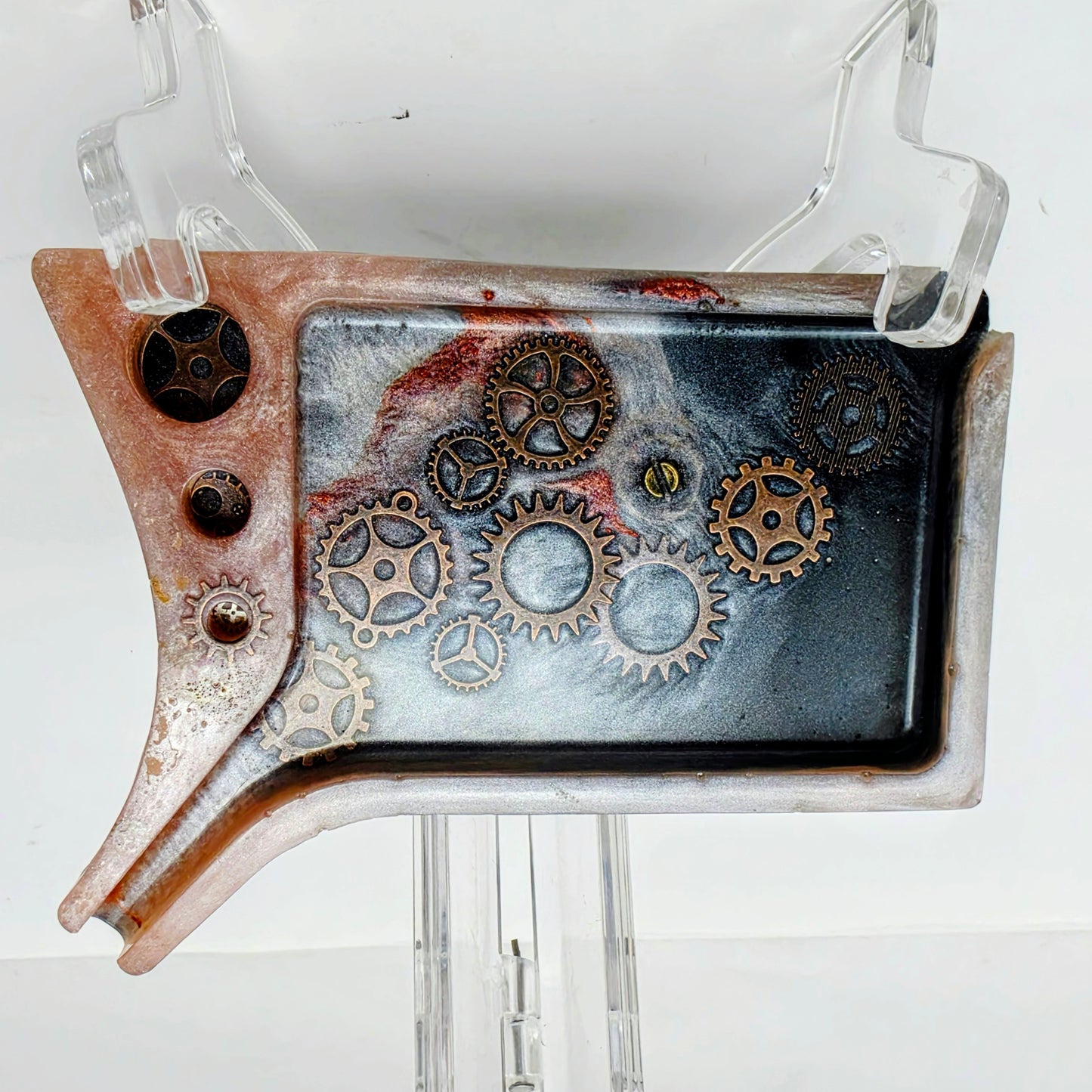 Handmade Steampunk Resin Rolling Tray – Copper Black Silver Gears | Hand Sized Unique Shape | Industrial Art Tray | Savage Studio Creations