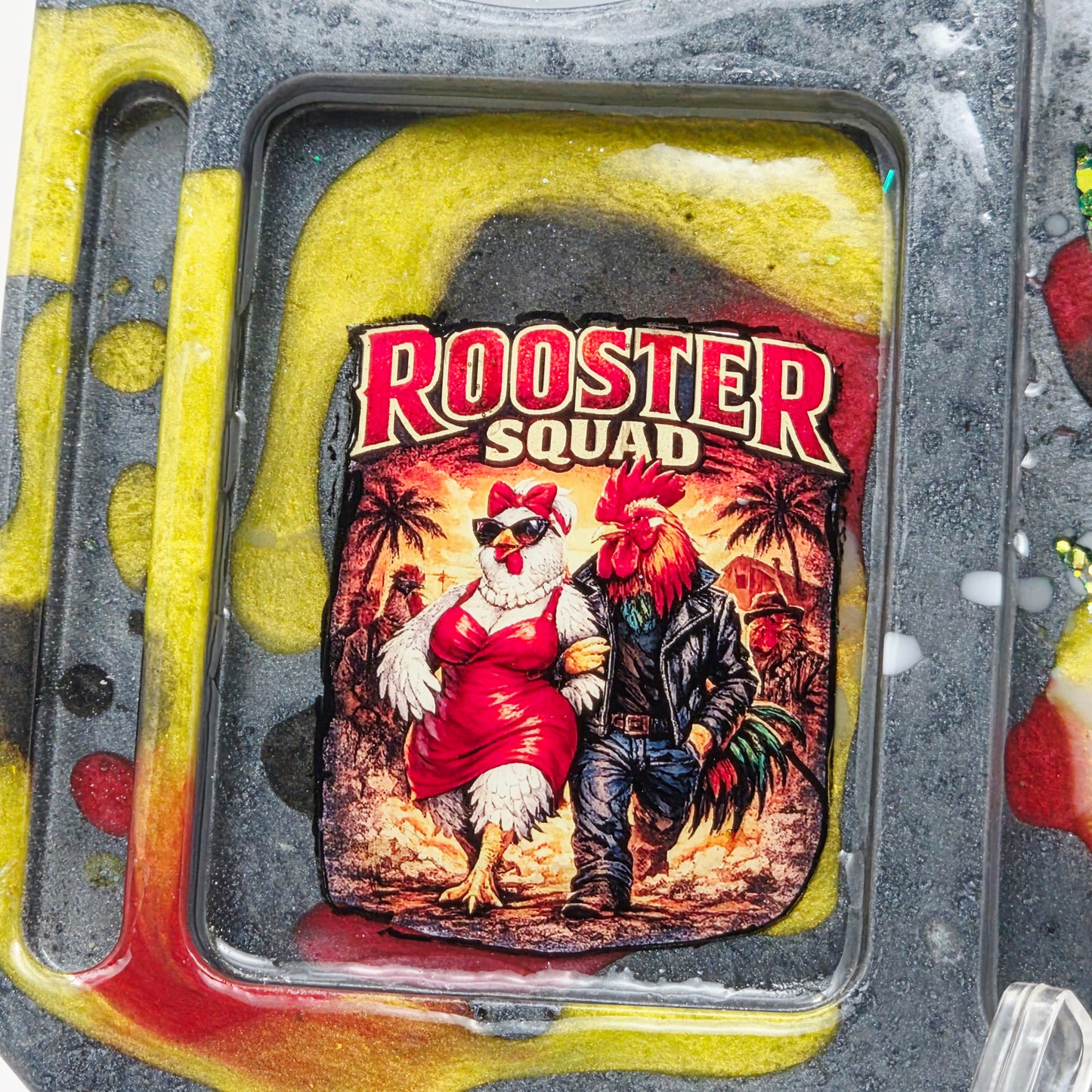 Handmade Resin Rolling Tray – Rooster Squad Vivid Eye | Green Glitter Cannabis Leaf | Red Yellow White Liquid Metal | Savage Studio Creations
