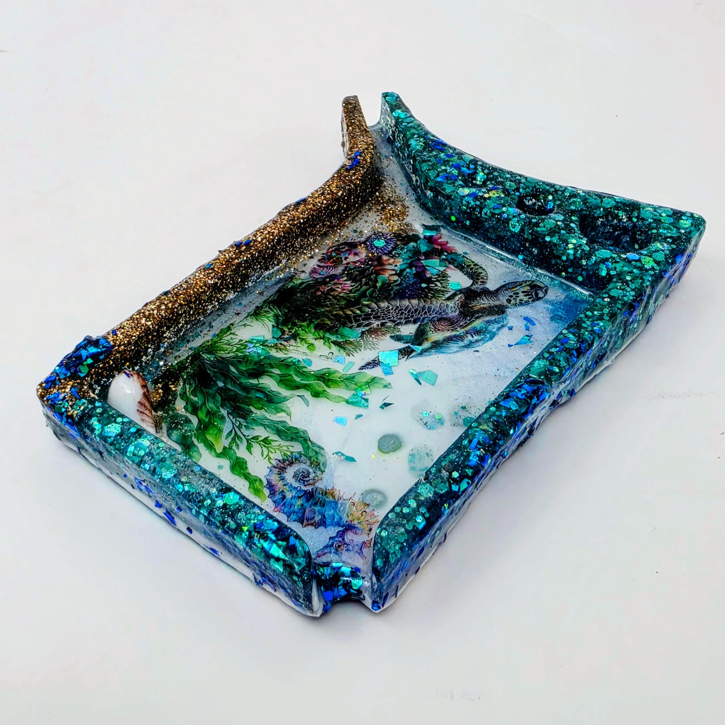 Handmade Ocean Resin Rolling Tray – Sea Turtle Coral Reef | Teal Blue Glitter Gold Sand | Hand Sized Unique Shape | Savage Studio Creations