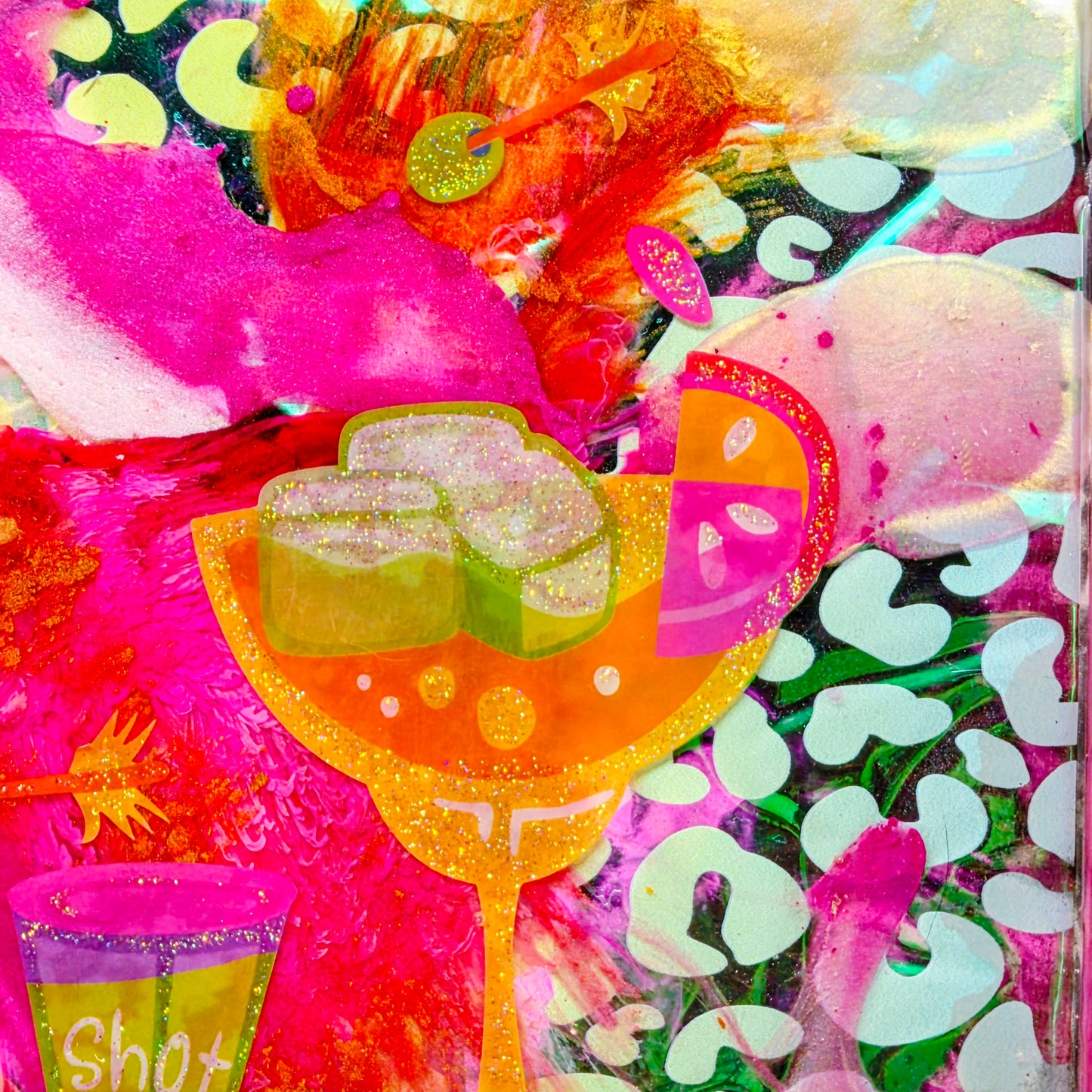 Handmade Resin Decorative Tray – On The Rocks Cocktail Party | Hot Pink Neon Green Yellow Leopard Print | Glitter Bar Tray | Savage Studio Creations