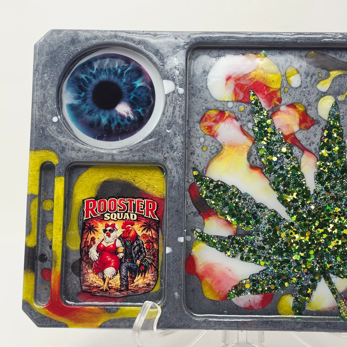 Handmade Resin Rolling Tray – Rooster Squad Vivid Eye | Green Glitter Cannabis Leaf | Red Yellow White Liquid Metal | Savage Studio Creations