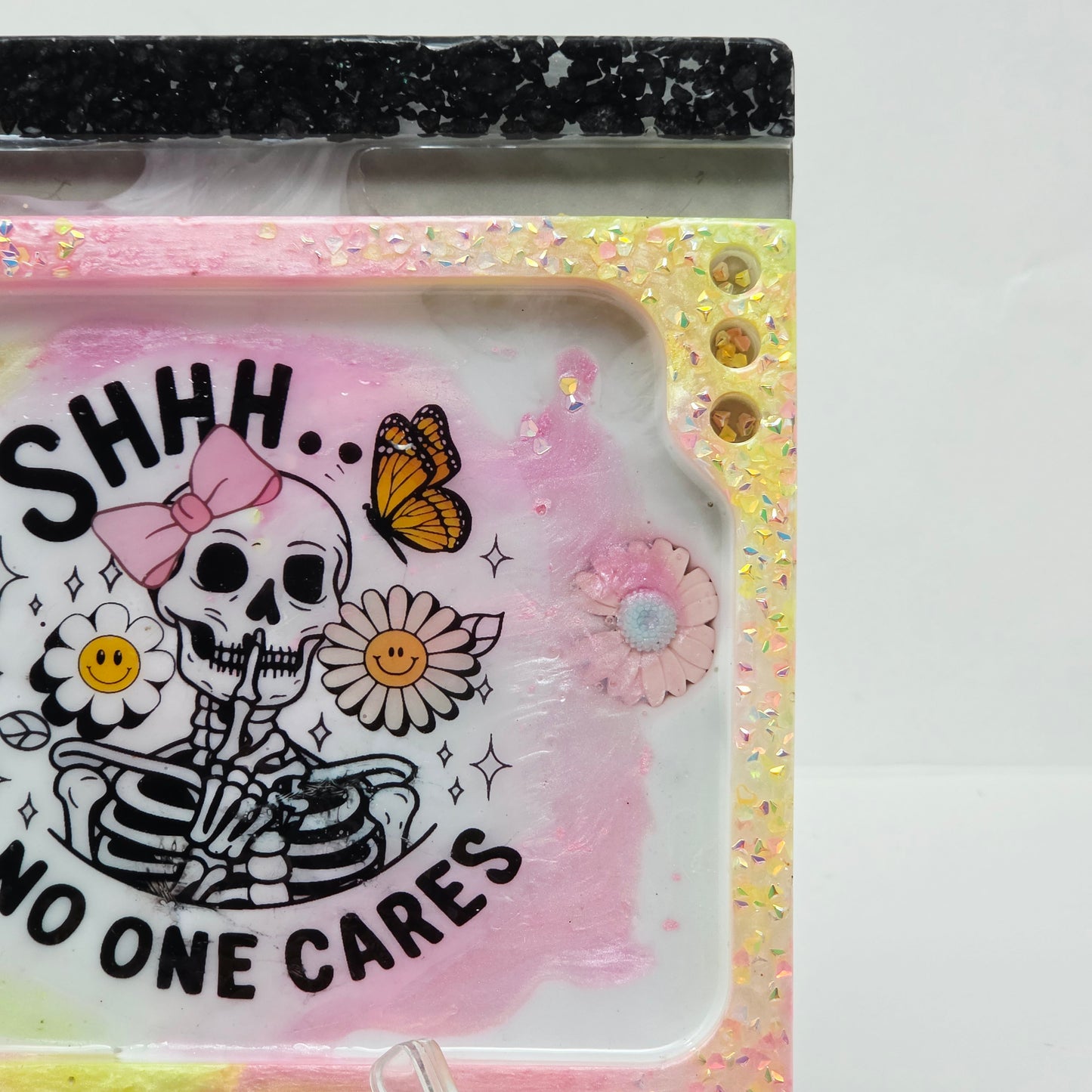 Handmade Resin Rolling Tray Set – Shhh No One Cares Skeleton | Pink Yellow Black Pearl Glitter | Butterflies + Tray & Ashtray Set | Savage Studio Creations