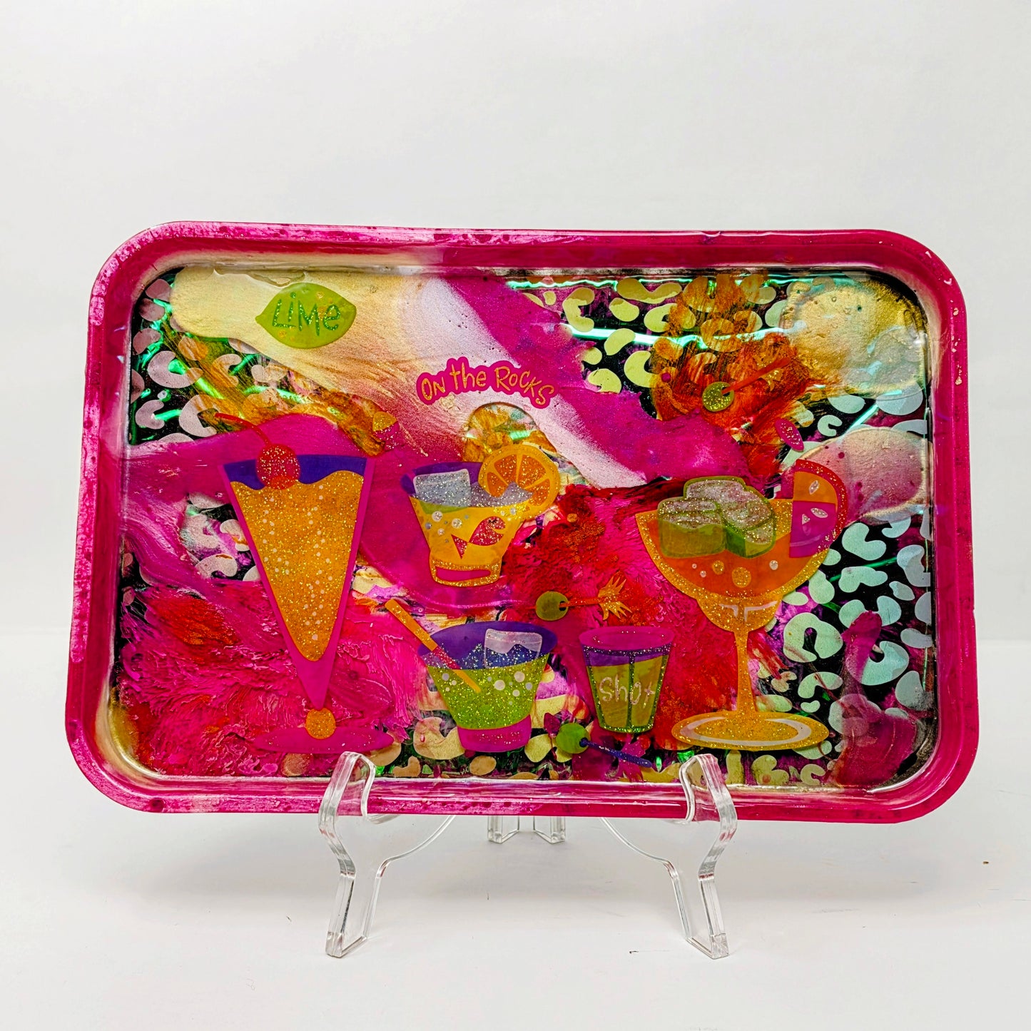 Handmade Resin Decorative Tray – On The Rocks Cocktail Party | Hot Pink Neon Green Yellow Leopard Print | Glitter Bar Tray | Savage Studio Creations