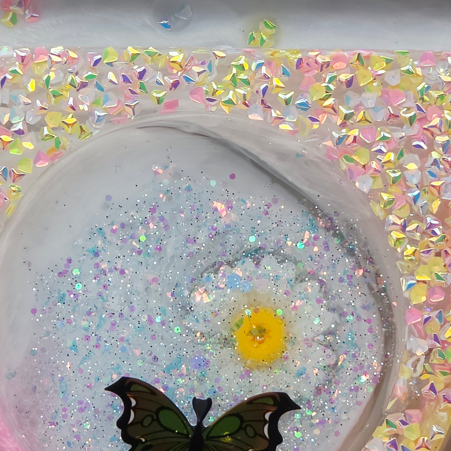 Handmade Resin Rolling Tray Set – Shhh No One Cares Skeleton | Pink Yellow Black Pearl Glitter | Butterflies + Tray & Ashtray Set | Savage Studio Creations