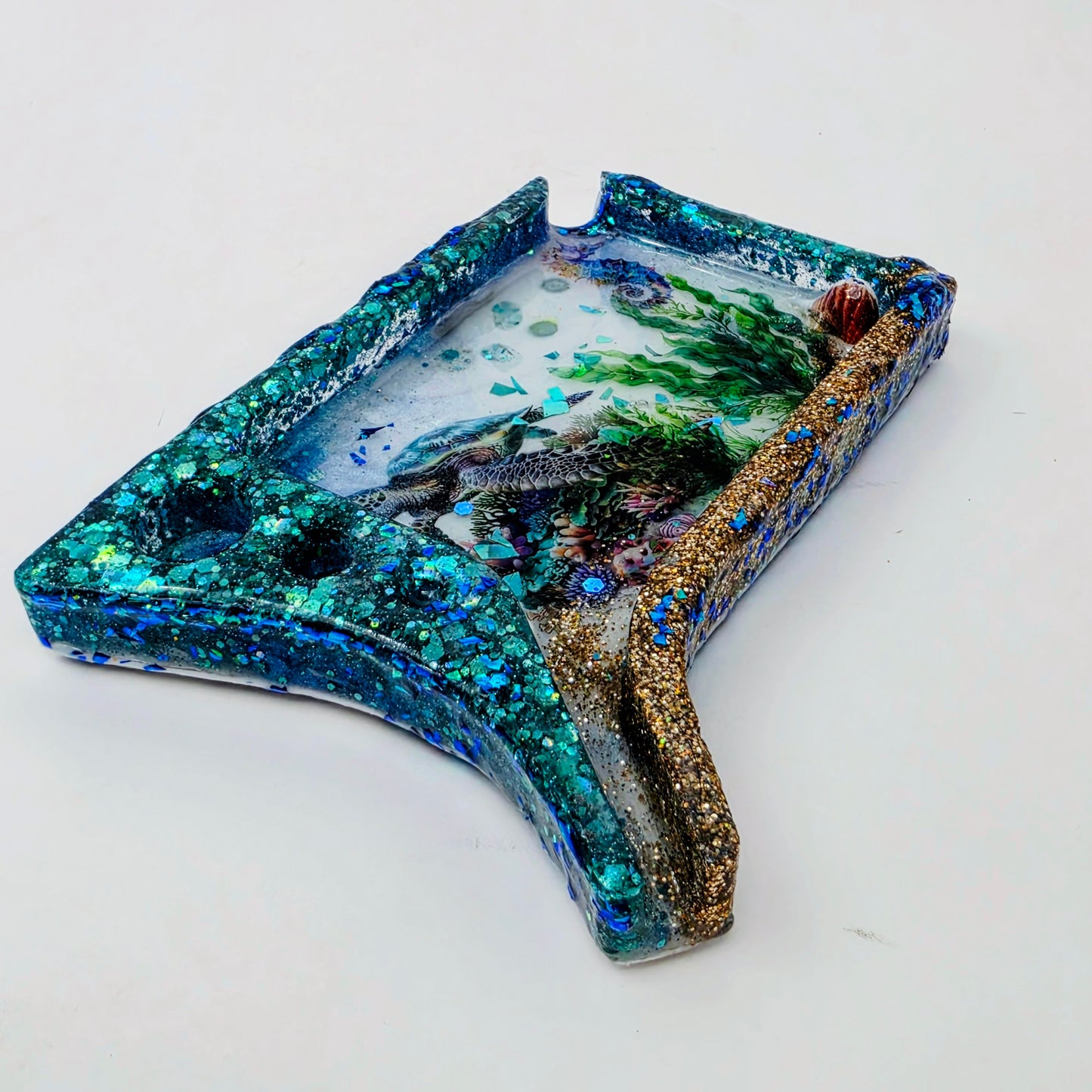 Handmade Ocean Resin Rolling Tray – Sea Turtle Coral Reef | Teal Blue Glitter Gold Sand | Hand Sized Unique Shape | Savage Studio Creations